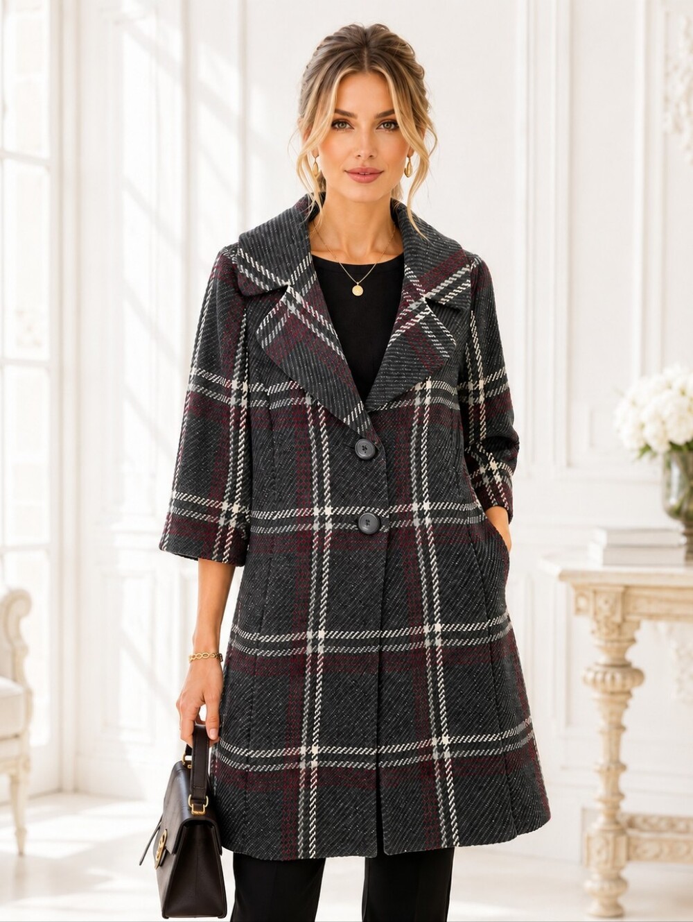 Classiques Entier | Wool Blend Gray Plaid Long Coat | Size Large